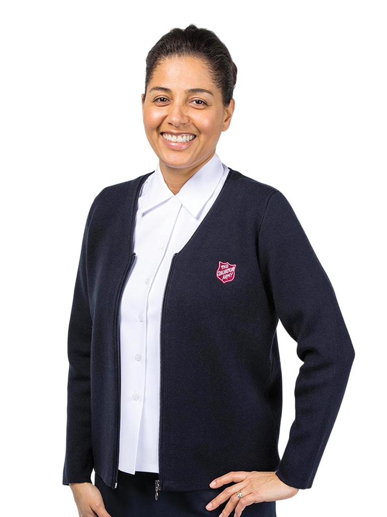 Women's Navy Blue Zipper Cardigan Sweater with Red Shield